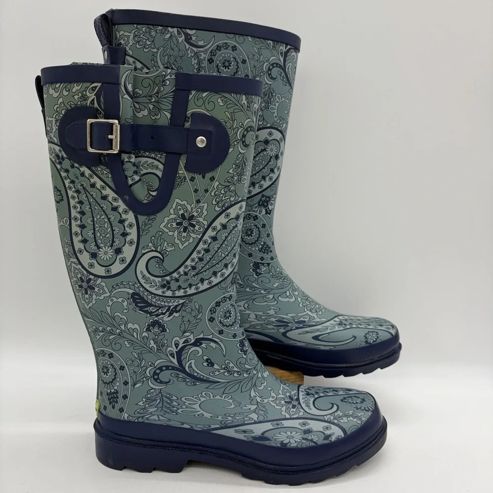 Western Chief Womens 8 Rubber Rain Boots Mid Calf Paisley Plains Navy Blue